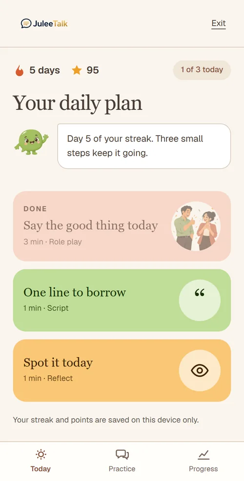 Sample Today screen with a daily practice plan