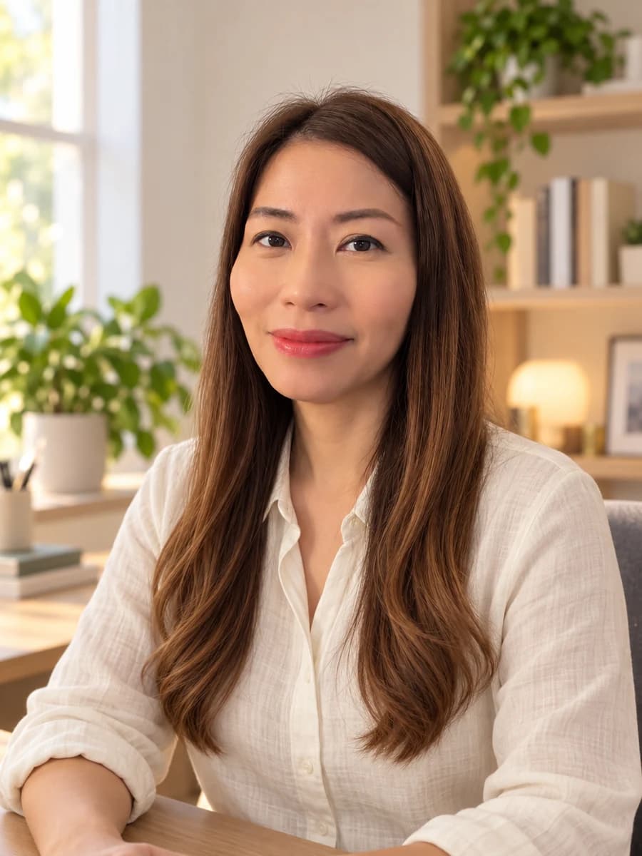 Julee in a cream blouse in a warmly lit office